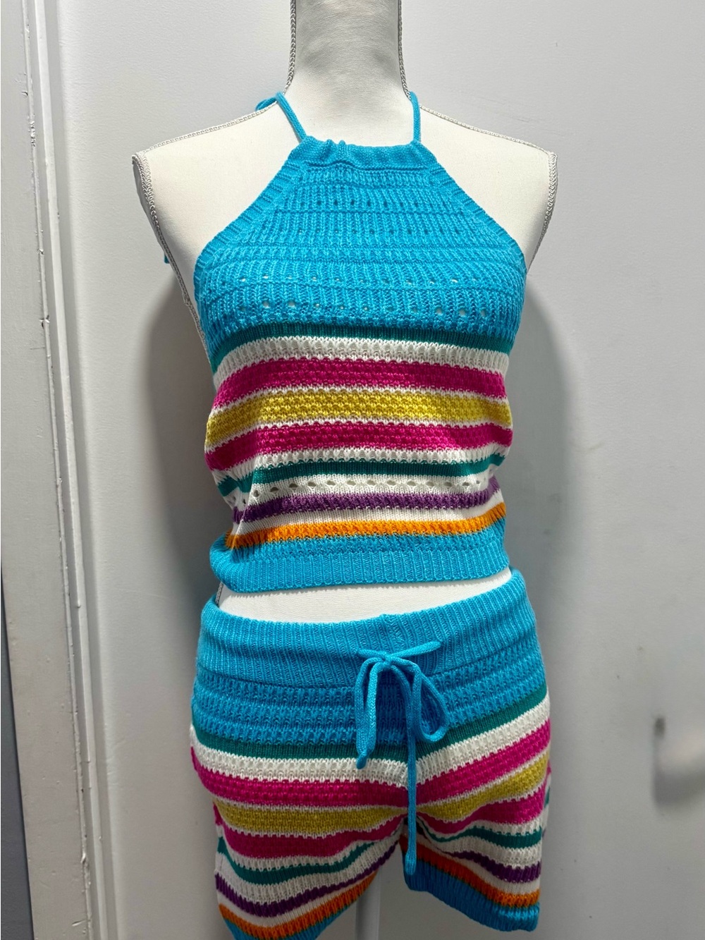 Bright Blue Striped Knit Halter Top & Shorts Set